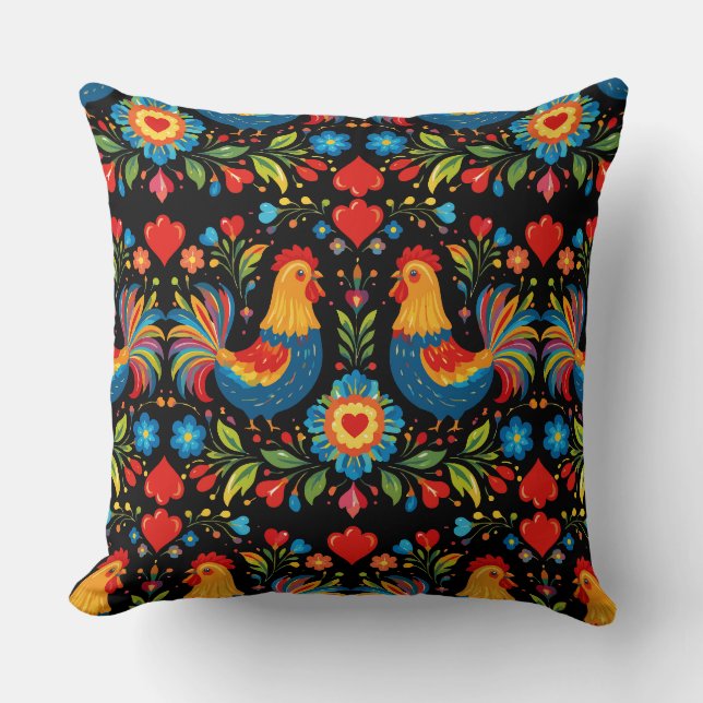 Folk art chicken floral pillow (Front)
