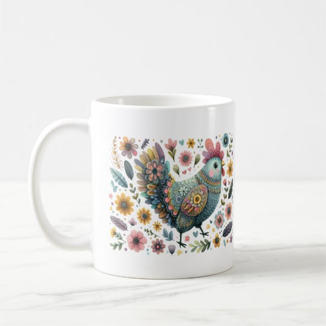 Folk Art Chicken Rooster Floral Flowers Coffee Mug (Left)