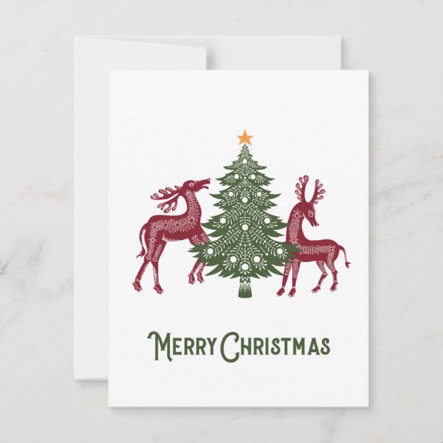 Folk Art Chirstmas Card with Reindeer and Tree (Front)