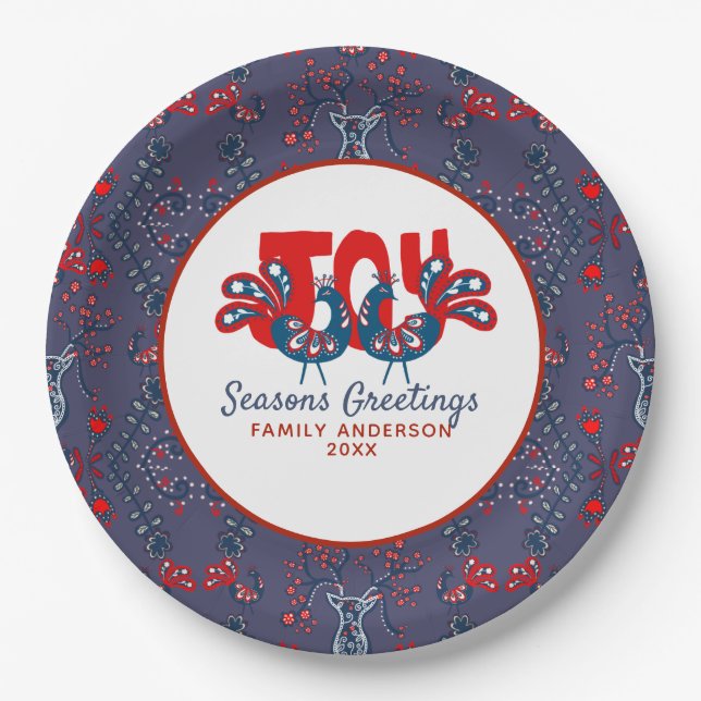 Folk Art Christmas Scandinavian Bird Red Blue Paper Plate (Front)