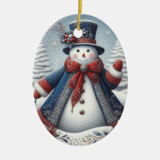 Folk Art Christmas Snowman Ceramic Tree Decoration (Front)