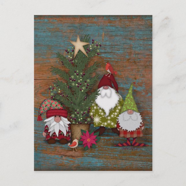 Folk Art Christmas Tree and Gnomes Postcard (Front)