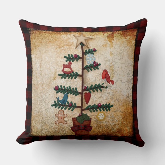 Folk Art Christmas Tree | Buffalo Plaid Cushion (Front)