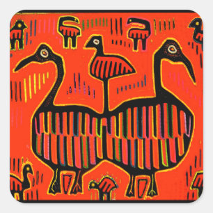 Folk Art Colourful Birds Square Sticker
