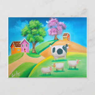 Folk art colourful cow and sheep painting postcard