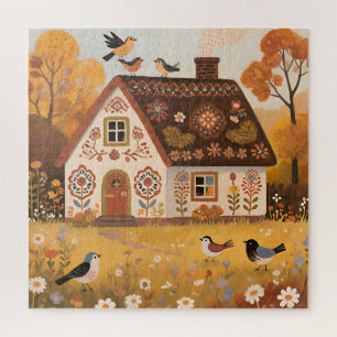 Folk Art Cottage Birds Autumn Jigsaw Puzzle