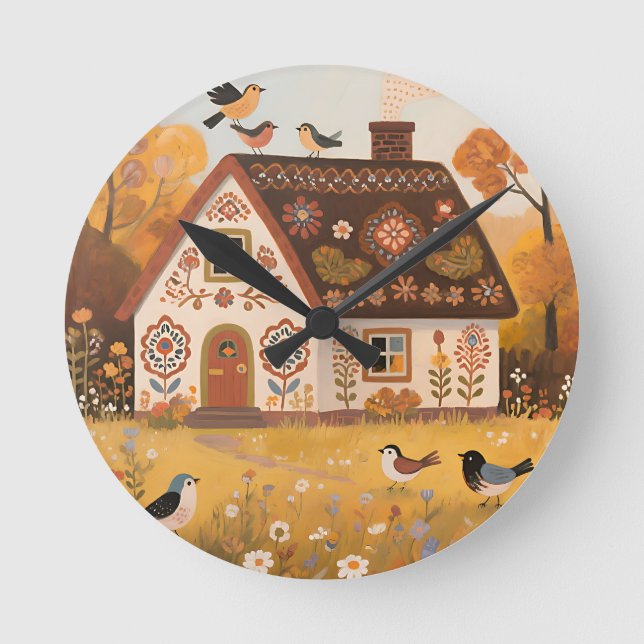 Folk Art Cottage Birds Autumn Round Clock (Front)