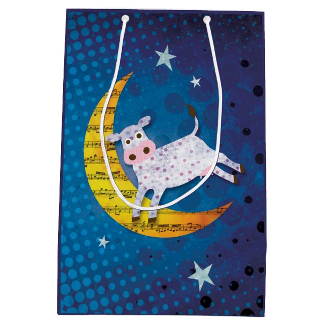 Folk Art Cow Jumped Over the Moon Nursery Rhyme Medium Gift Bag (Back)