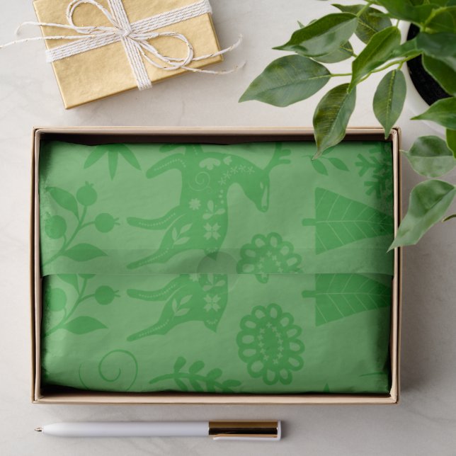 Folk Art Deer Forest Pattern Green Gift  Tissue Paper (Gift)