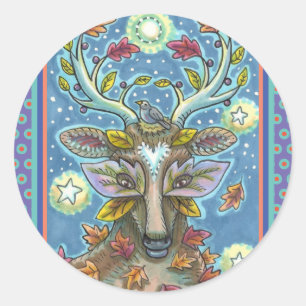 FOLK ART DEER IN AUTUMN FOREST, BIRD NEST & MOON CLASSIC ROUND STICKER