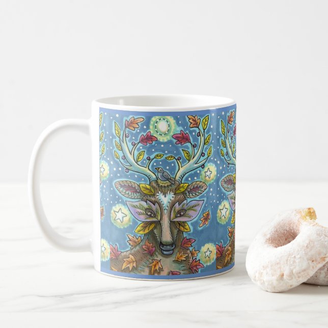 FOLK ART DEER IN AUTUMN FOREST, BIRD NEST & MOON COFFEE MUG (With Donut)