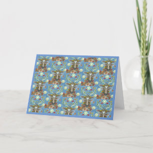 FOLK ART DEER IN AUTUMN FOREST, BIRD NEST & MOON HOLIDAY CARD