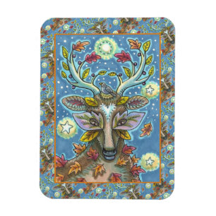 FOLK ART DEER IN AUTUMN FOREST, BIRD NEST & MOON MAGNET
