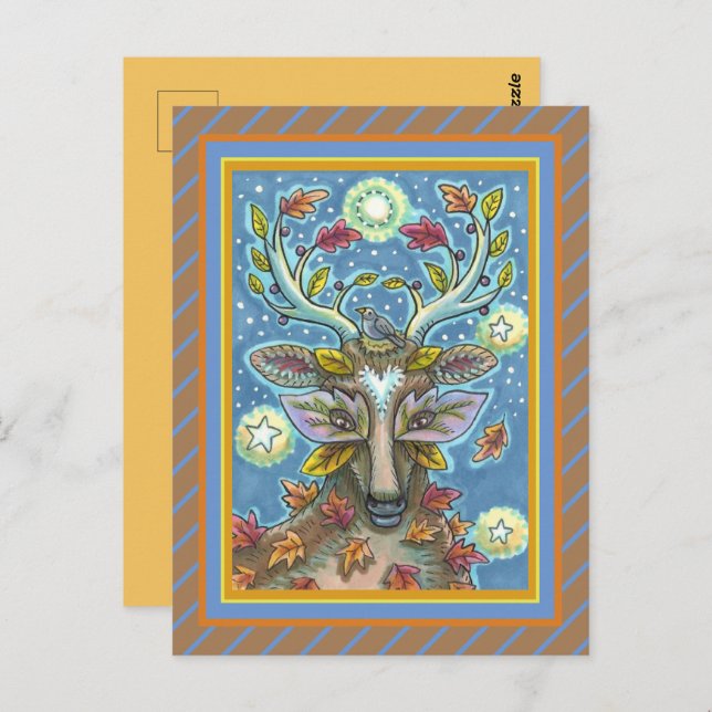 FOLK ART DEER IN AUTUMN FOREST, BIRD NEST & MOON POSTCARD (Front/Back)