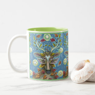 FOLK ART DEER IN AUTUMN FOREST, BIRD NEST & MOON Two-Tone COFFEE MUG