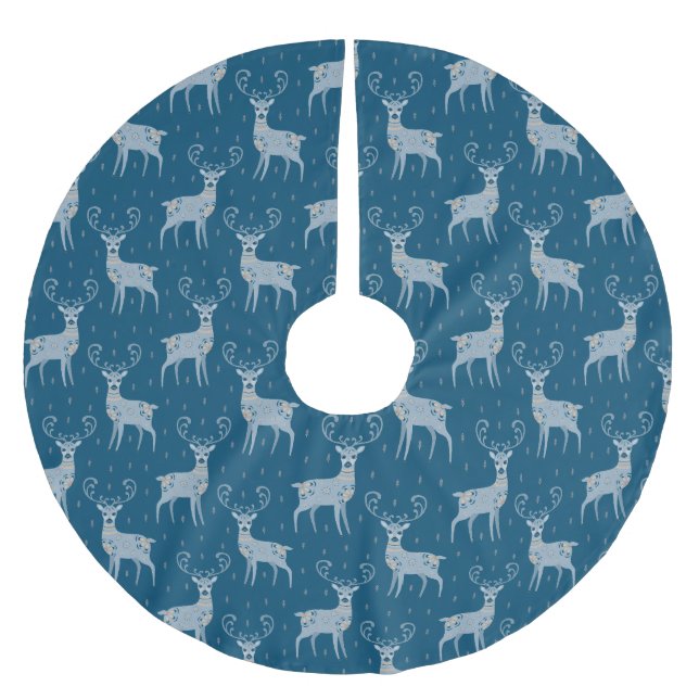 Folk Art Deer on Blue Brushed Polyester Tree Skirt (Front)