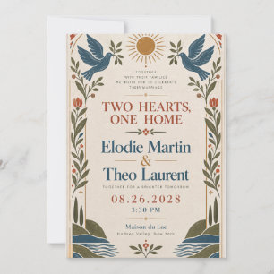 Folk Art Doves Floral Wedding Invitation