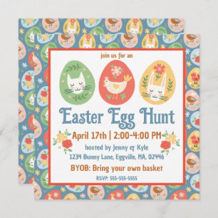 Folk Art Easter Egg Cat, Bunny, Chick Easter Invitation