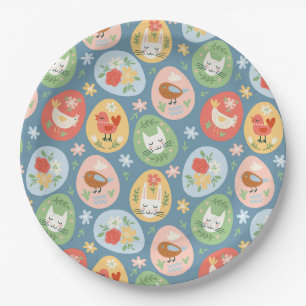 Folk Art Easter Egg Cat, Bunny, Chick Easter Paper Plate