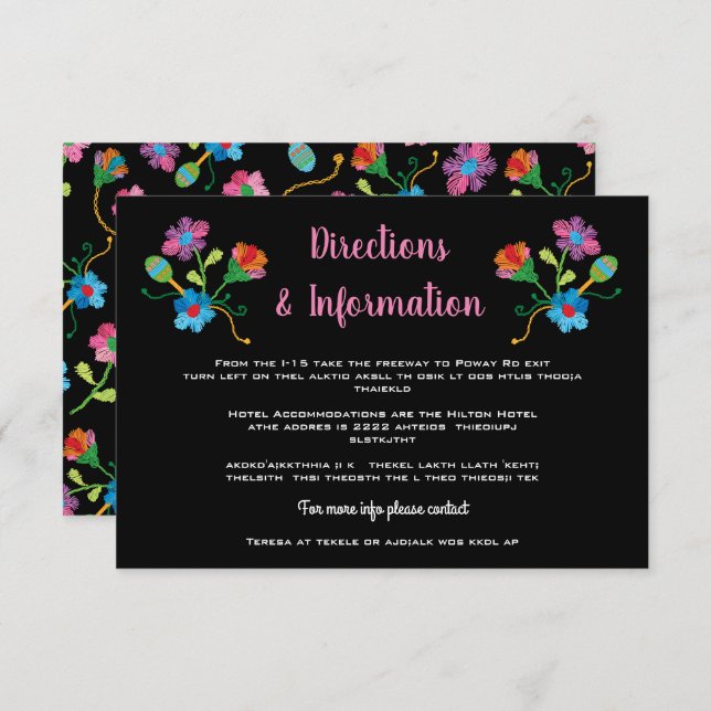 Folk Art Embroidered Mexican Fiesta Wedding info Enclosure Card (Front/Back)