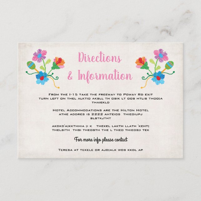 Folk Art Embroidered Mexican Fiesta Wedding info Enclosure Card (Front)