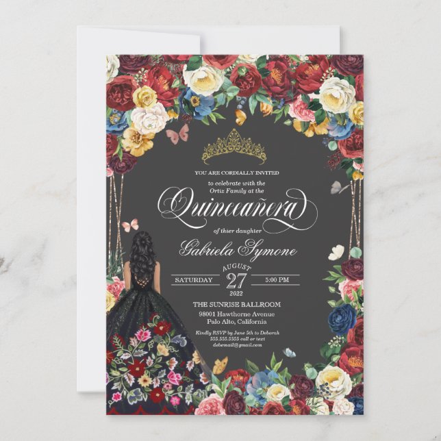  Folk Art Embroidery Butterfly Floral Quinceanera  Invitation (Front)