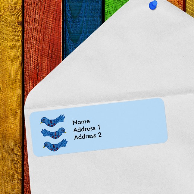 Folk Art Fantasy Cute Blue Bird Red Hearts (Three folk art type bluebirds with red hearts on light blue return address labels.)
