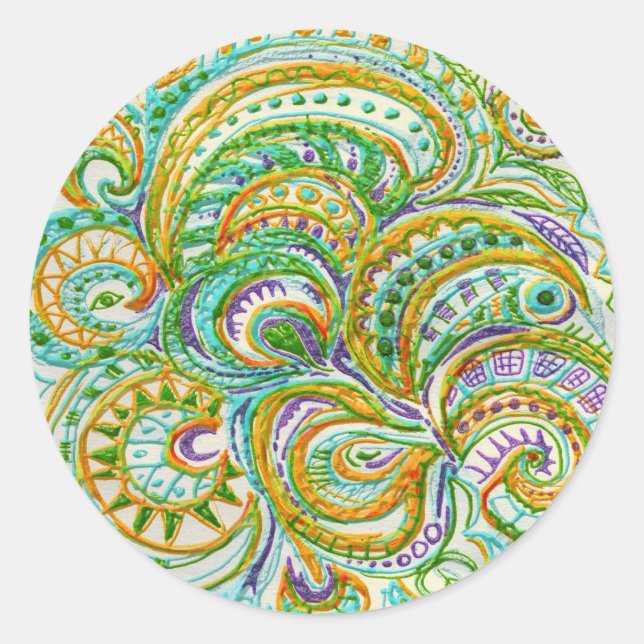 Folk Art Fantasy Pattern Classic Round Sticker (Front)