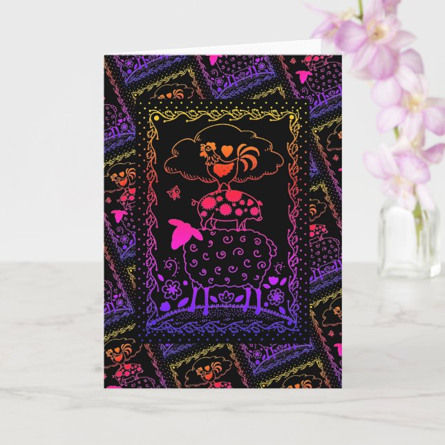 FOLK ART FARM ANIMALS SHEEP PIG ROOSTER Blank Card (Orchid)