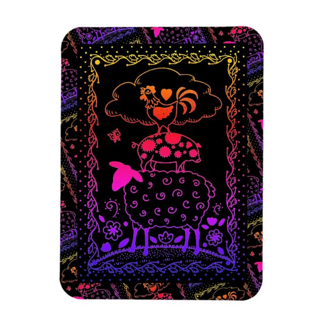 FOLK ART FARM ANIMALS SHEEP PIG ROOSTER Primitive Magnet (Vertical)