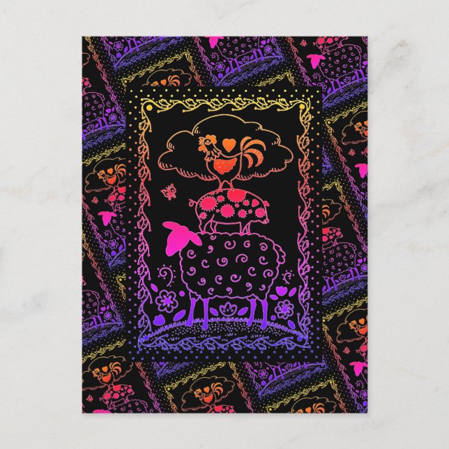 FOLK ART FARM ANIMALS SHEEP PIG ROOSTER Primitive Postcard (Front)