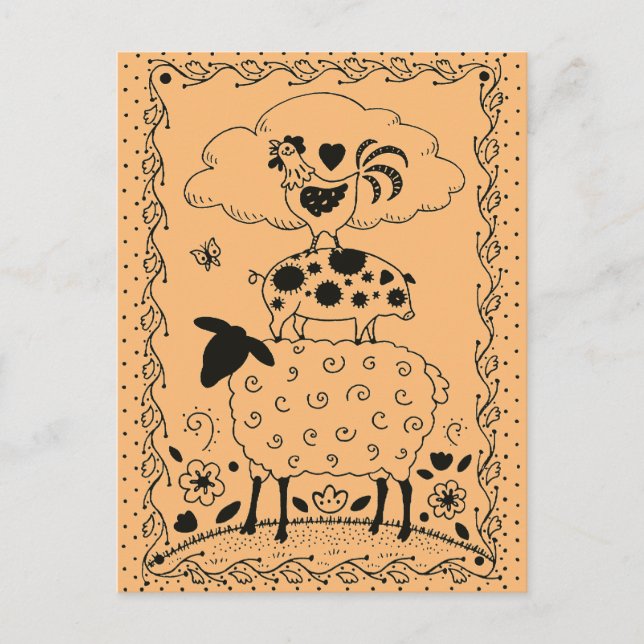 FOLK ART FARM ANIMALS SHEEP PIG ROOSTER Primitive Postcard (Front)