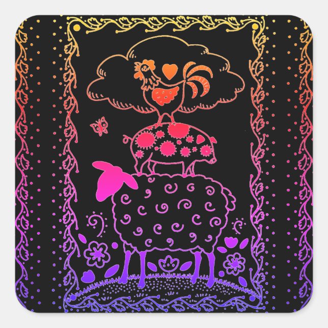 FOLK ART FARM ANIMALS SHEEP, PIG, ROOSTER SQUARE STICKER (Front)
