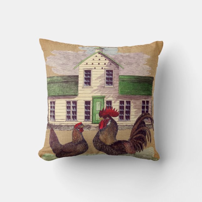 Folk Art Farmyard Chickens Rustic Design Cushion (Front)
