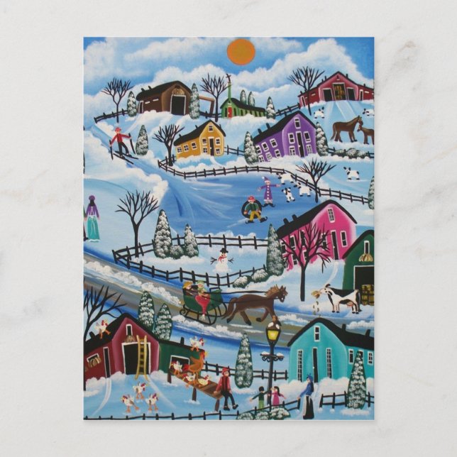 FOLK ART First Day Of Snow LORI EVERETT postcard (Front)