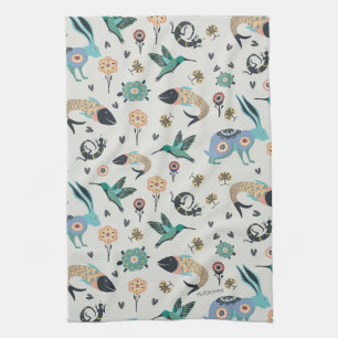 Folk art fish, turtle, lizard, bird, rabbit tea towel