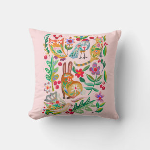 Folk Art Floral Animal Friends Blush Pink Cushion