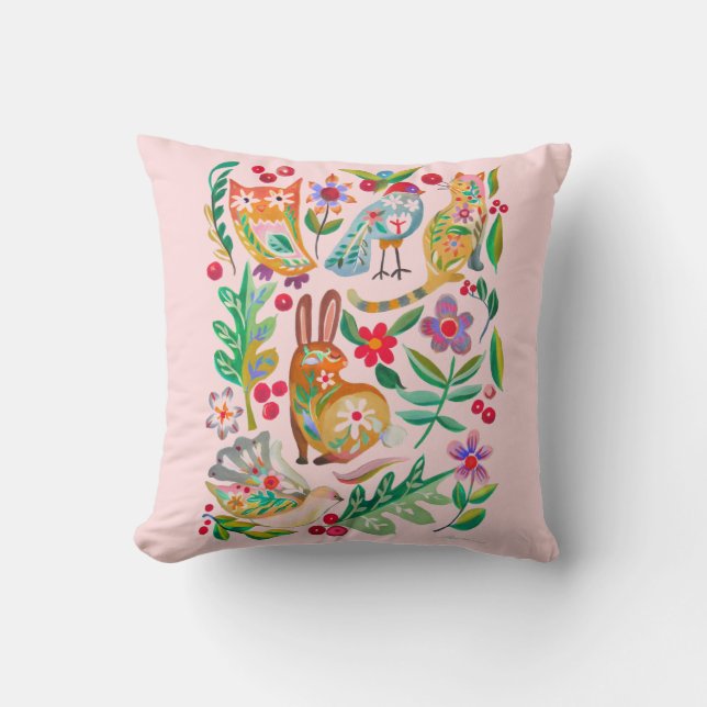 Folk Art Floral Animal Friends Blush Pink Cushion (Front)