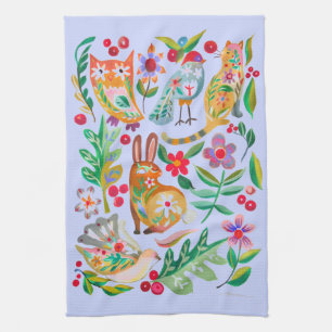 Folk Art Floral Animal Friends Pale Blue Tea Towel
