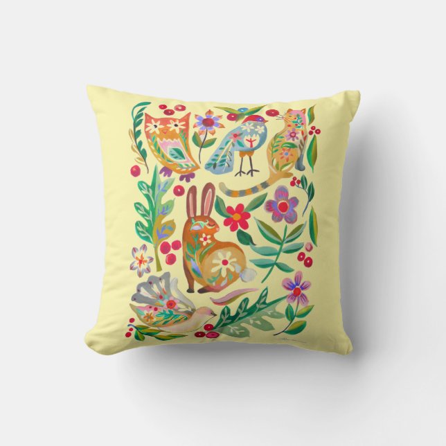 Folk Art Floral Animal Friends Pale Yellow Cushion (Front)