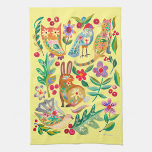 Folk Art Floral Animal Friends Pale Yellow  Tea Towel