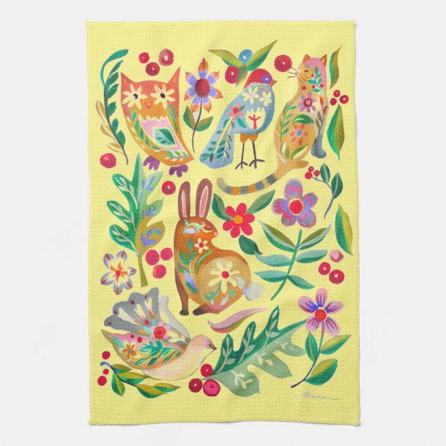 Folk Art Floral Animal Friends Pale Yellow  Tea Towel (Vertical)