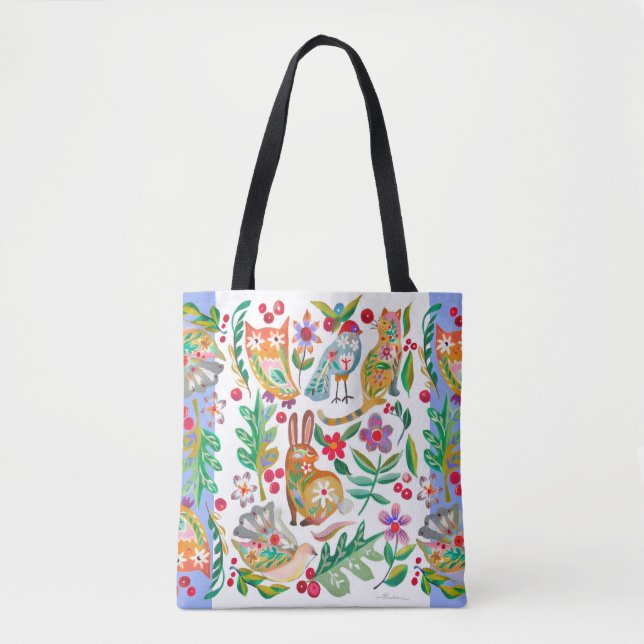 Folk Art Floral Animal Friends White Customisable  Tote Bag (Front)