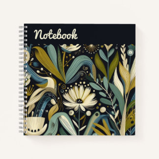 Folk Art Floral & Bird Teal Wildflowers Top dark Notebook