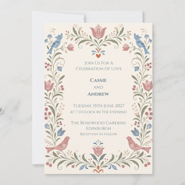 Folk Art Floral Bird Wedding Invitation (Front)