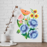 Folk Art Floral Bouquet Blue Pink Yellow Flowers