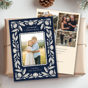 Folk Art Floral Frame Christmas 4 Photo Holiday Card