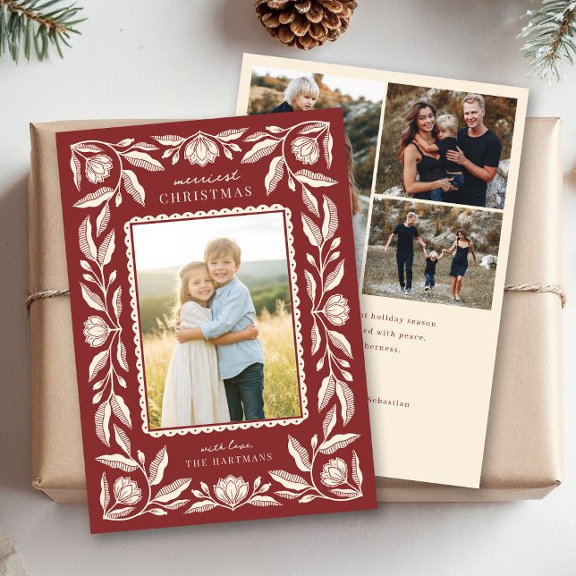 Folk Art Floral Frame Christmas 4 Photo Holiday Card (Creator Uploaded)