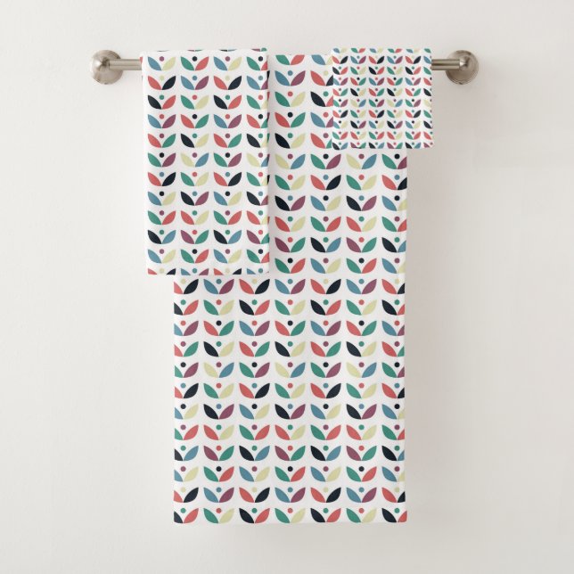 Folk Art Floral Geometric Pattern Bath Towel Set (Insitu)