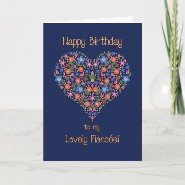 Folk Art Floral Heart Birthday Card for Fiancee (Front)
